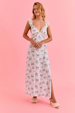 Camisola Midi Com Renda Em Viscose Estampa Laços Azul 