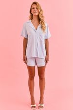 Pijama Clássico Curto Com Botões E Vivo Off White Em Malha Modal Azul Aura