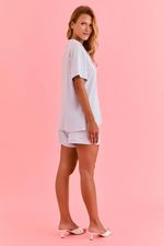 Pijama Clássico Curto Com Botões E Vivo Off White Em Malha Modal Azul Aura