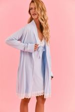 Robe Curto Com Vivo Off White E Renda Em Malha Modal Azul Aura