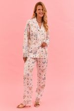 Pijama Clássico Longo Com Botões E Renda Em Cetim Estampa Borboleta E Abelha