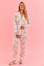 Pijama Clássico Longo Com Botões E Renda Em Cetim Estampa Borboleta E Abelha