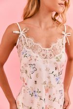 Camisola Curta Com Renda Em Cetim Estampa Borboleta E Abelha 