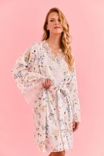 Robe Curto Com Renda Em Cetim Estampa Borboleta E Abelha