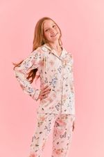 Pijama Clássico Longo Infantil Com Botões E Vivo Rosê Em Cetim Estampa Borboleta E Abelha