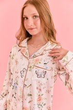 Pijama Clássico Longo Infantil Com Botões E Vivo Rosê Em Cetim Estampa Borboleta E Abelha