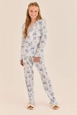 Pijama Clássico Longo Infantil Com Botões E Babados Em Viscose Estampa Laços Azul