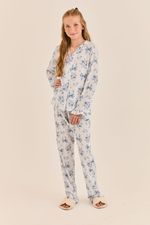 Pijama Clássico Longo Infantil Com Botões E Babados Em Viscose Estampa Laços Azul