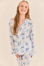 Pijama Clássico Longo Infantil Com Botões E Babados Em Viscose Estampa Laços Azul