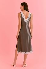 Camisola Midi Com Renda Em Cetim Cinza 