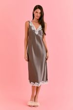 Camisola Midi Com Renda Em Cetim Cinza 