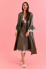 Camisola Midi Com Renda Em Cetim Cinza 