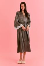 Robe Midi Com Renda Em Cetim Cinza