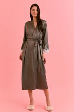 Robe Midi Com Renda Em Cetim Cinza