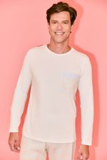 Pijama Longo Masculino Com Camiseta Em Malha De Algodão E Calça Em Flanela Xadrez Azul E Off 