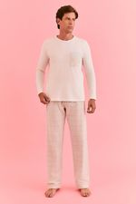 Pijama Longo Masculino Com Camiseta Em Malha De Algodão E Calça Em Flanela Xadrez Azul E Off 