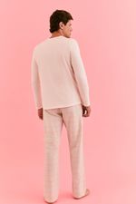 Pijama Longo Masculino Com Camiseta Em Malha De Algodão E Calça Em Flanela Xadrez Azul E Off 
