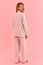 Pijama Clássico Longo Com Botões E Vivo Bege Em Flanela Rosa Ballet 