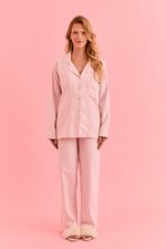 Pijama Clássico Longo Com Botões E Vivo Bege Em Flanela Rosa Ballet 