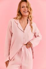 Pijama Clássico Longo Com Botões E Vivo Bege Em Flanela Rosa Ballet 