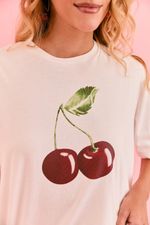 Pijama Longo com t-Shirt Off White e Silk com Calça em Soft Print Estampa Cereja Noir