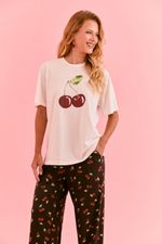 Pijama Longo com t-Shirt Off White e Silk com Calça em Soft Print Estampa Cereja Noir