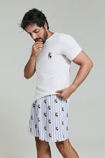 Pijama Curto Masculino de Camiseta Off White e Samba Canção em Viscose Estampa Listrada com Ursos
