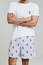 Pijama Curto Masculino de Camiseta Off White e Samba Canção em Viscose Estampa Listrada com Ursos
