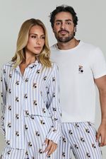 Pijama Curto Masculino de Camiseta Off White e Samba Canção em Viscose Estampa Listrada com Ursos