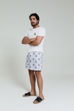 Pijama Curto Masculino de Camiseta Off White e Samba Canção em Viscose Estampa Listrada com Ursos
