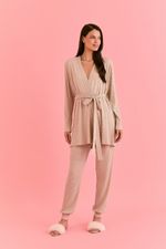 Kimono em Malha Canelada Bege