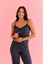 Pijama Longo com Regata em Malha Canelada Marinho