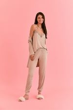 Pijama Longo com Regata em Malha Canelada Bege