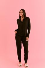 Pijama Longo com Botões em Malha Canelada Preto