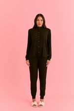 Pijama Longo com Botões em Malha Canelada Preto