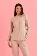 Pijama Longo com Botões em Malha Canelada Bege