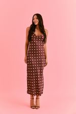 Slip Dress Midi em Cetim Estampa Poá Marrom