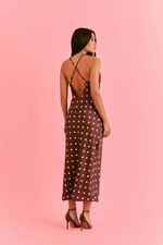 Slip Dress Midi em Cetim Estampa Poá Marrom