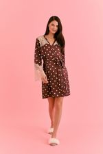 Robe Curto com Renda em Cetim Estampa Poá Marrom