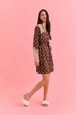 Robe Curto com Renda em Cetim Estampa Poá Marrom