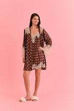 Robe Curto com Renda em Cetim Estampa Poá Marrom
