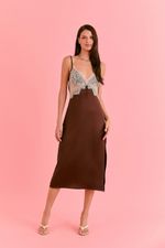 Camisola Midi com Renda em Cetim Marrom