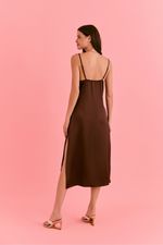 Camisola Midi com Renda em Cetim Marrom