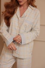 Pijama Clássico Longo Com Botões E Vivo Bege Em Flanela Xadrez Azul E Off