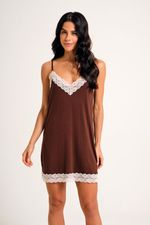Camisola Curta Essencial com Renda Bege em Malha Marrom