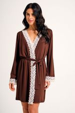 Robe Curto Essencial com Renda Bege em Malha Marrom