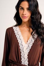 Robe Curto Essencial com Renda Bege em Malha Marrom