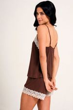 Short Doll Essencial com Renda Bege em Malha Marrom