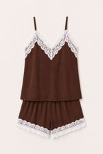 Short Doll Essencial com Renda Bege em Malha Marrom