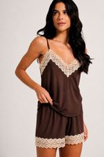 Short Doll Essencial com Renda Bege em Malha Marrom